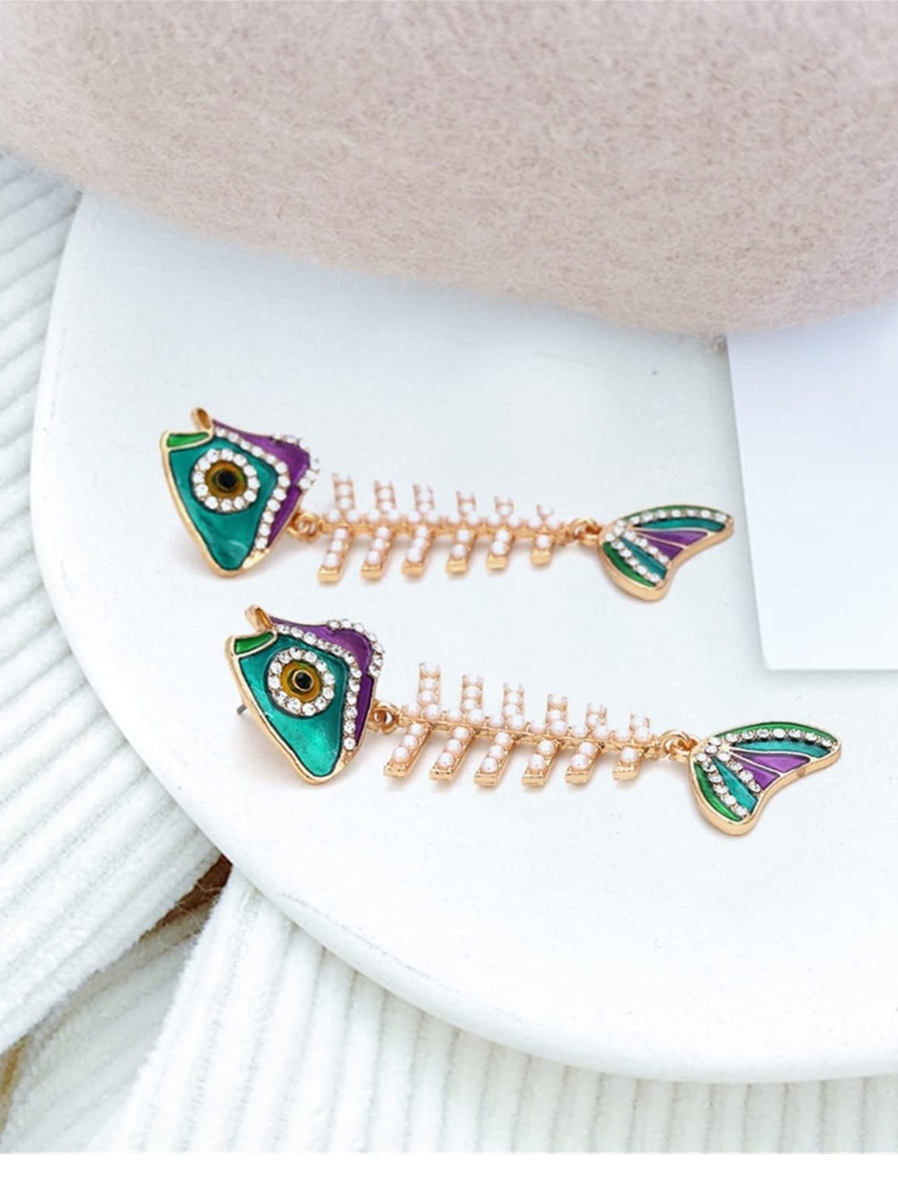 Colorful Fishbone Pearl Dangle Statement Earrings